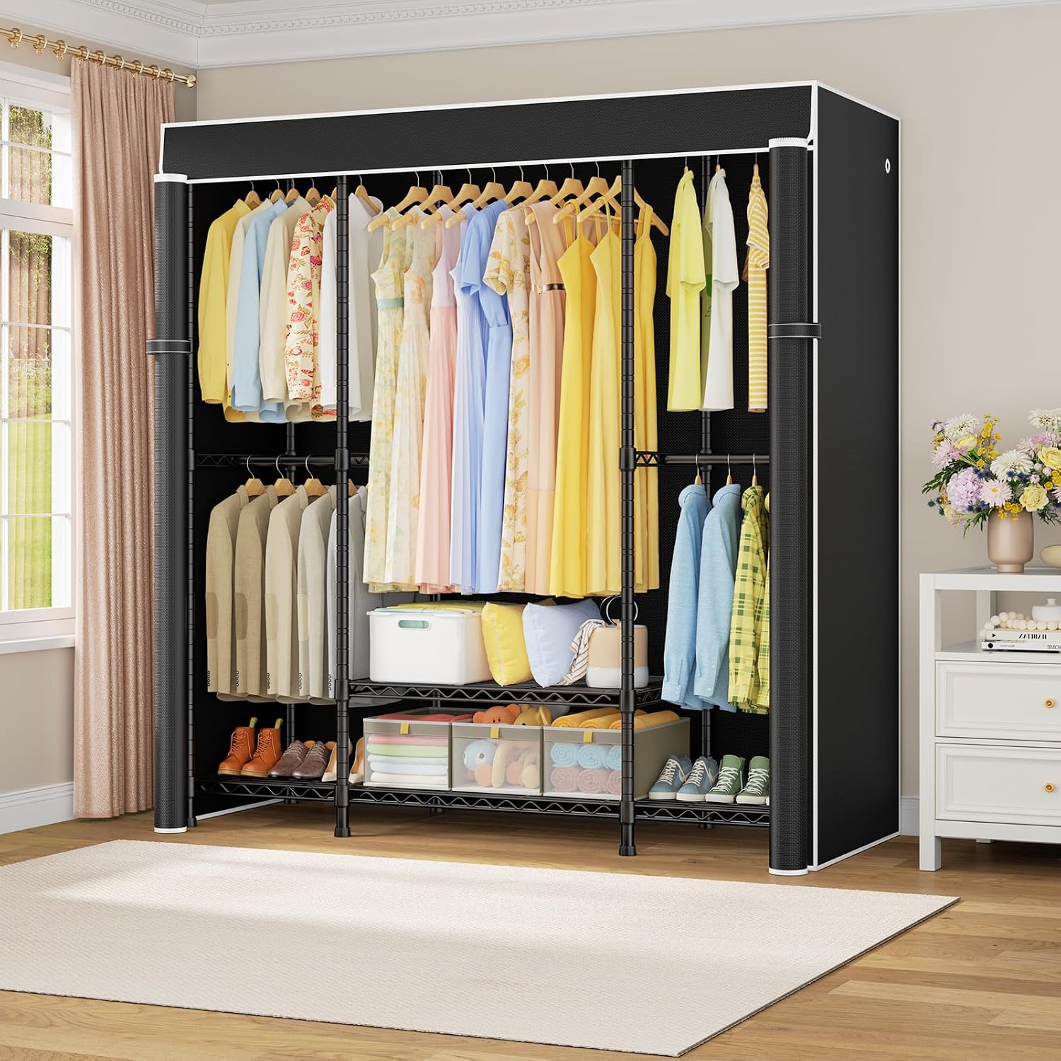 E3C製、頑丈な構造のポータブルクローゼット。黒い布製カバー - Wardrobe Closet Portable Fabric Cover のレビューと価格