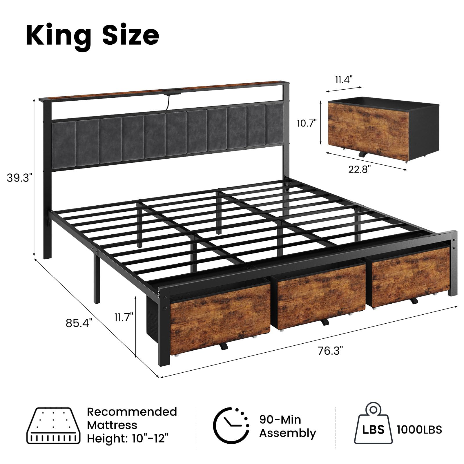収納付きヘッドボードと3つの引き出しを備えたキングサイズのベ - King Size Bed Frame With Storage Drawers のレビューと価格