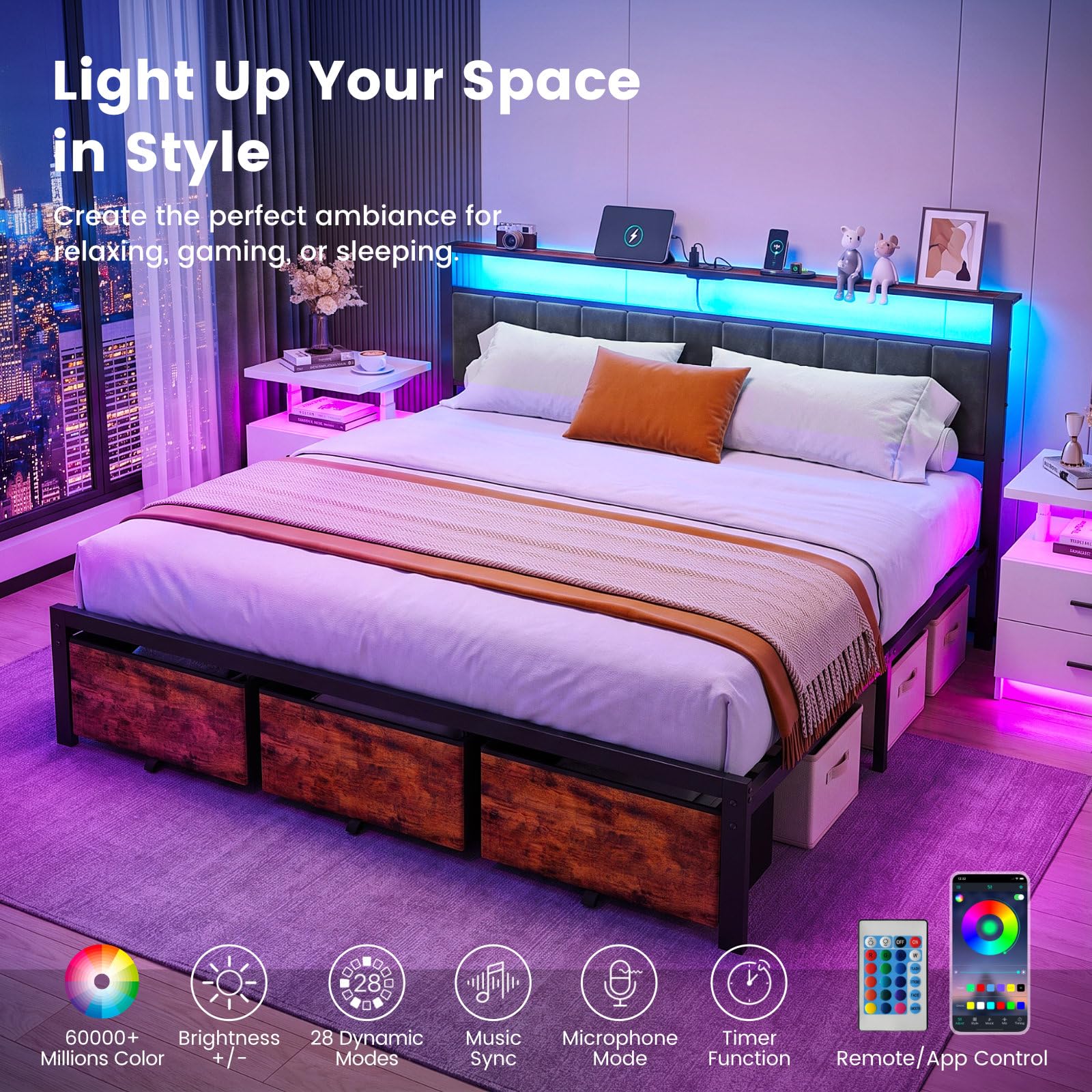 収納付きヘッドボードと3つの引き出しを備えたキングサイズのベ - King Size Bed Frame With Storage Drawers のレビューと価格