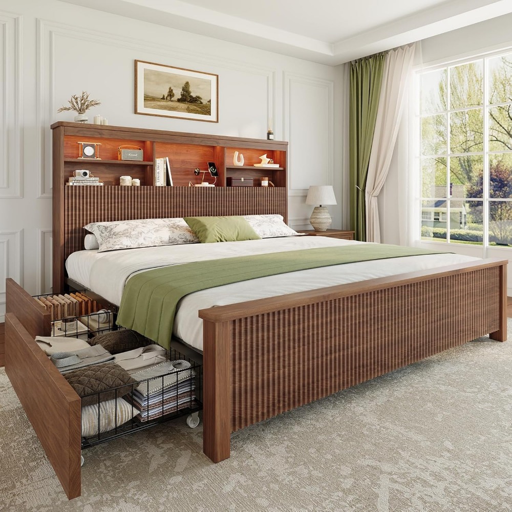 4つの収納引き出し付きのキングサイズベッドフレーム、ブラウン - King Size Bed Frame With Storage Drawers のレビューと価格