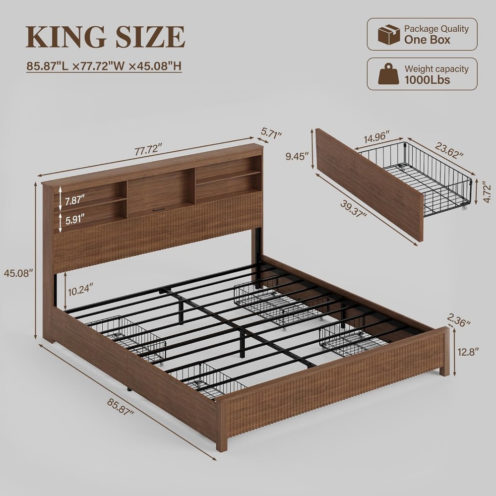 4つの収納引き出し付きのキングサイズベッドフレーム、ブラウン - King Size Bed Frame With Storage Drawers のレビューと価格