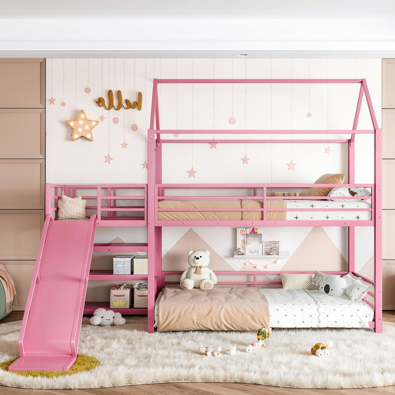 スライド付き二段ベッド、収納付き階段、頑丈なハウス型金属製ロ - Bunk Bed With Stairs And Slide のレビューと価格