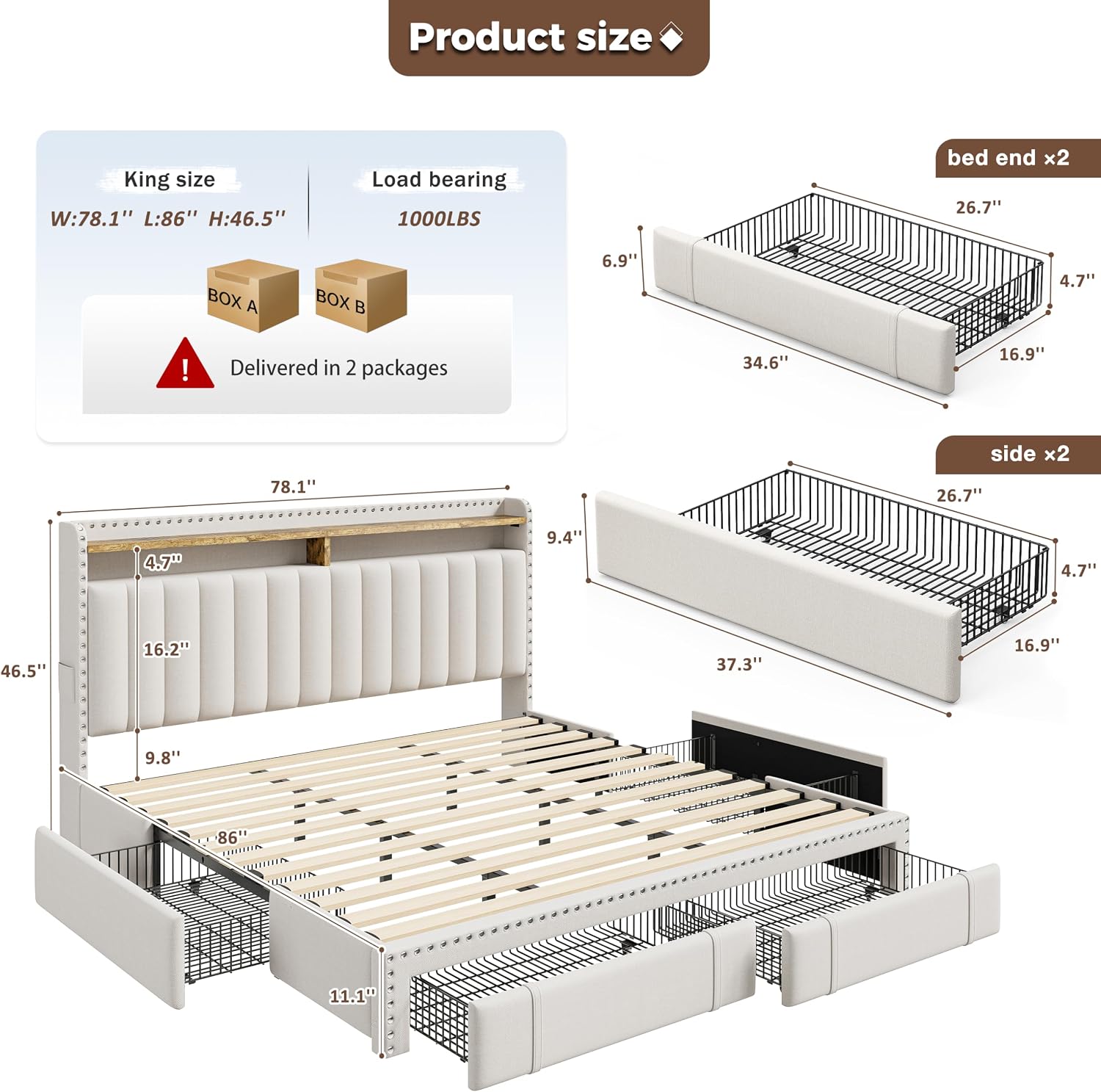 キングサイズベッドフレーム、4つの収納引き出しと収納ヘッドボ - King Size Bed Frame With Storage Drawers のレビューと価格