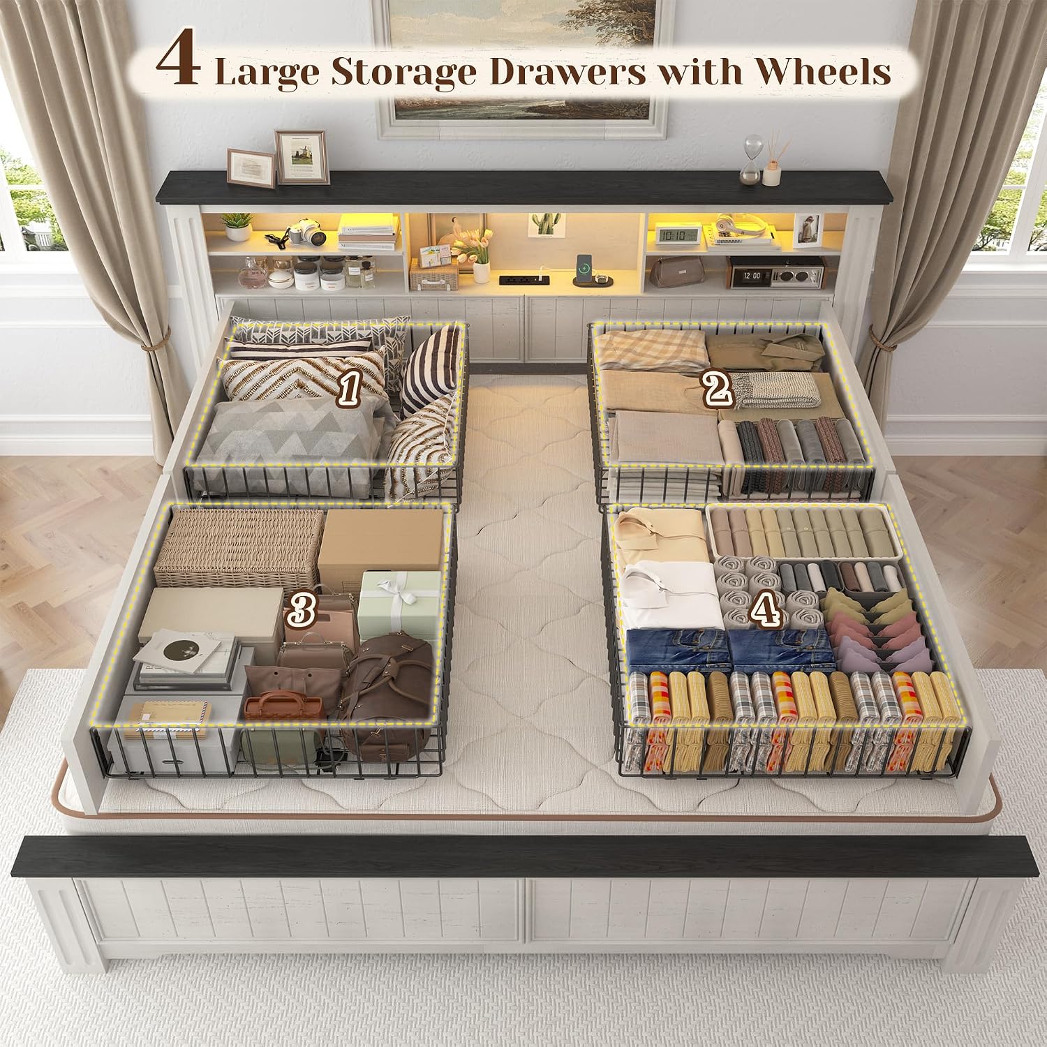 キングサイズのベッドフレームとヘッドボード、および収納引き出 - King Size Bed Frame With Storage Drawers のレビューと価格