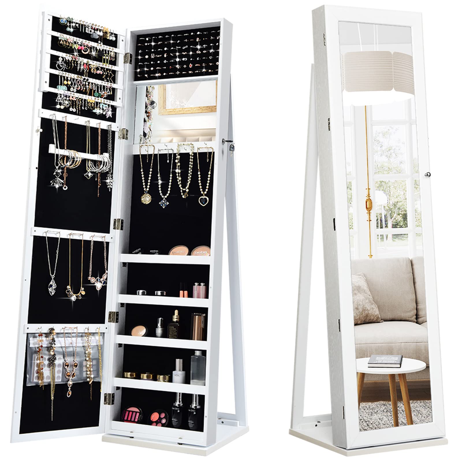 全身鏡付きの自立式ジュエリー収納キャビネット、鍵付き - Full Length Mirror Jewelry Armoire のレビューと価格