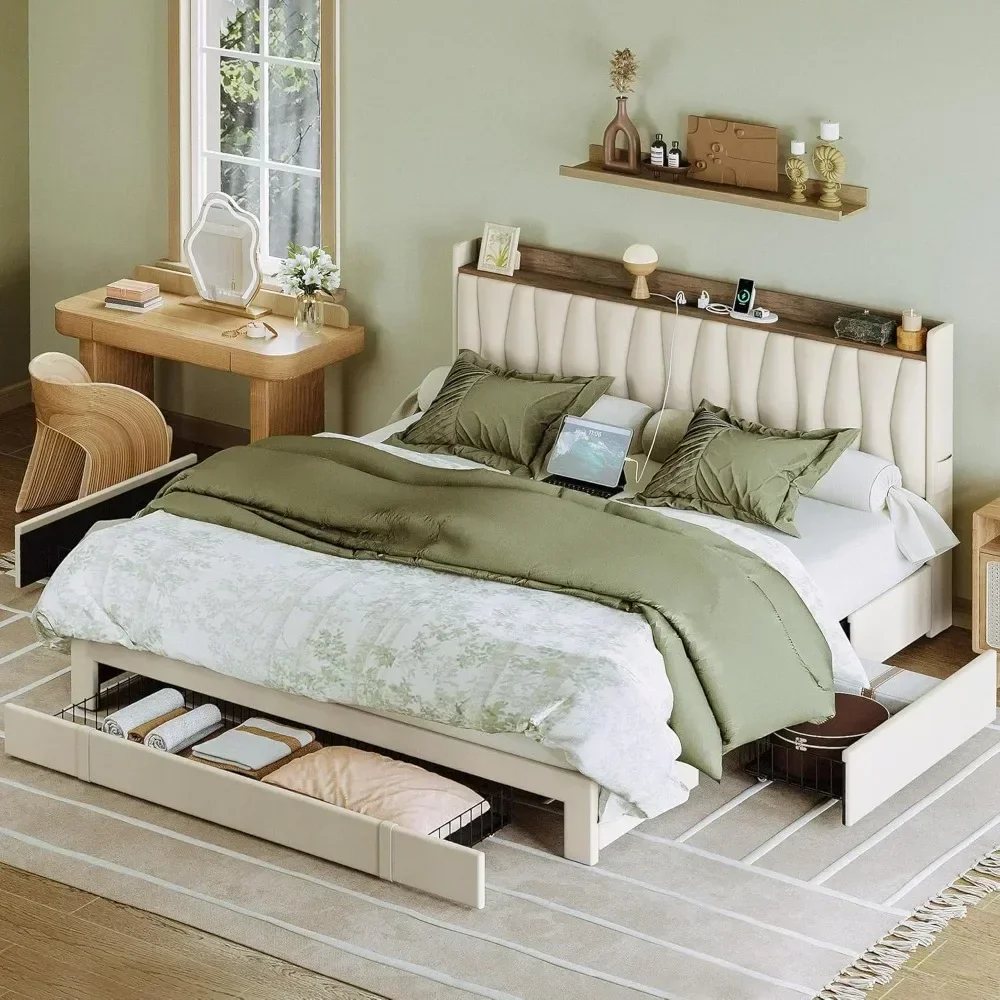 キングサイズベッドフレーム、収納付きヘッドボードと充電ステー - King Size Bed Frame With Storage Drawers のレビューと価格