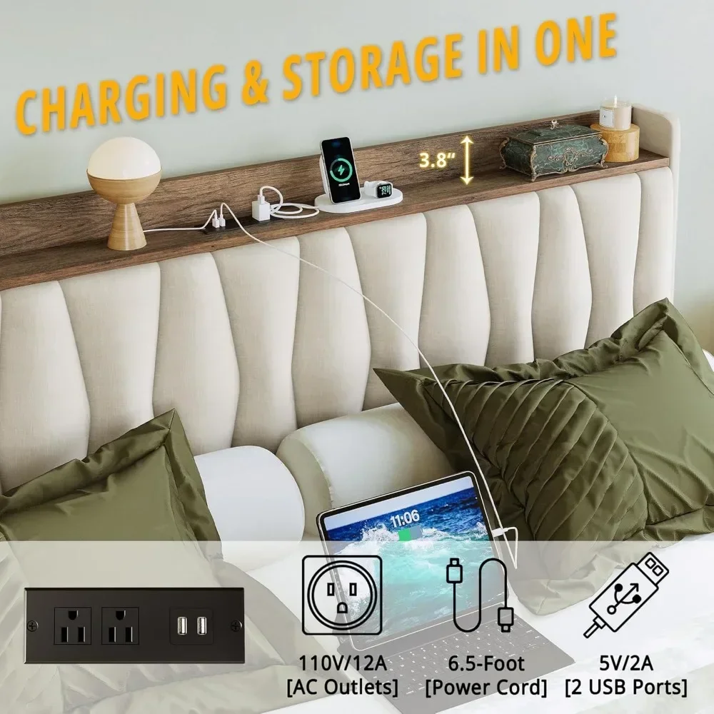 キングサイズベッドフレーム、収納付きヘッドボードと充電ステー - King Size Bed Frame With Storage Drawers のレビューと価格