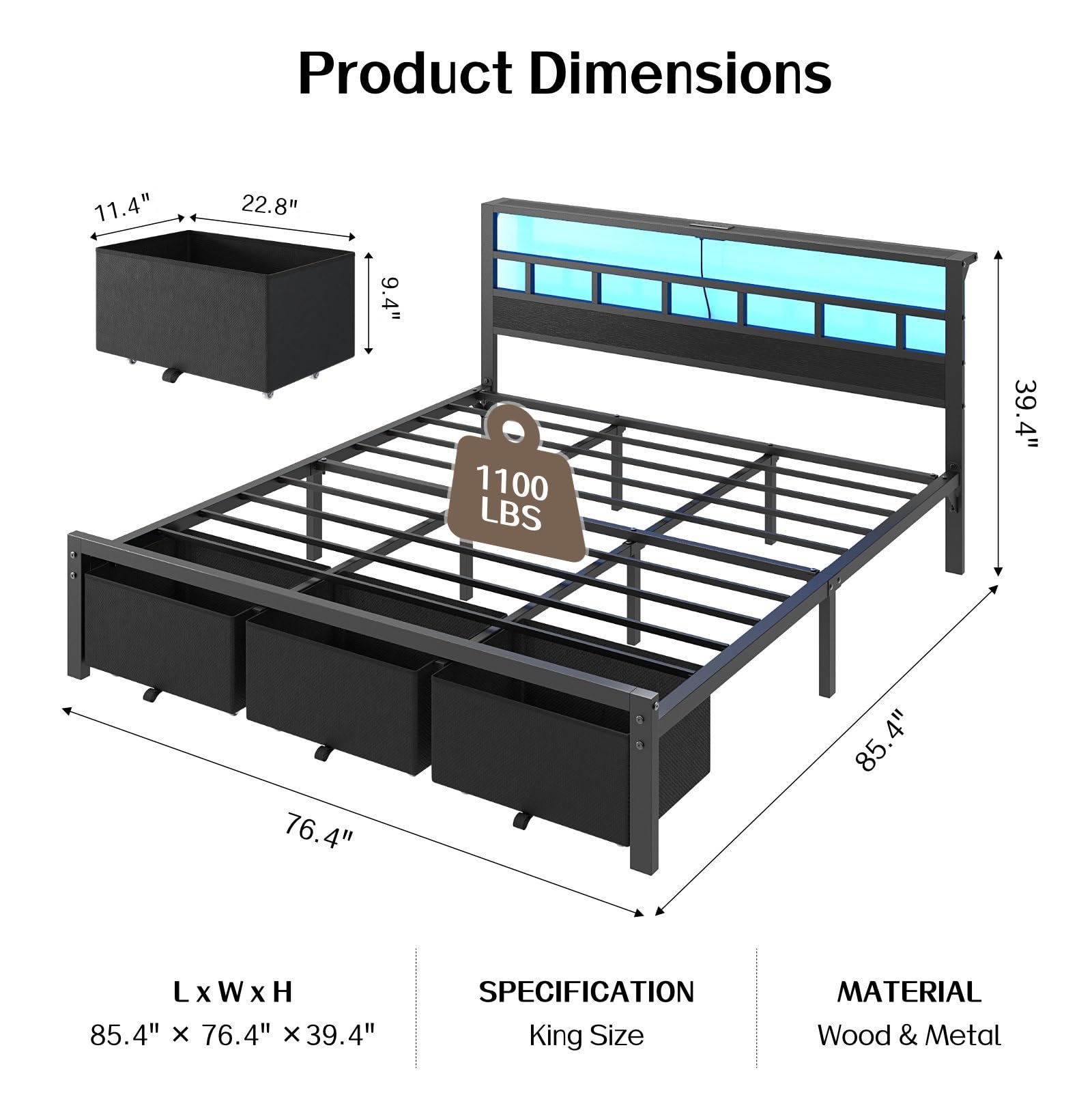 キングサイズのベッドフレーム。収納引き出し3つとヘッドボード - King Size Bed Frame With Storage Drawers のレビューと価格