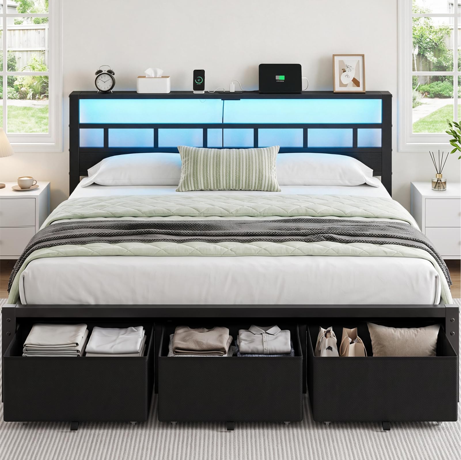 キングサイズのベッドフレーム。収納引き出し3つとヘッドボード - King Size Bed Frame With Storage Drawers のレビューと価格