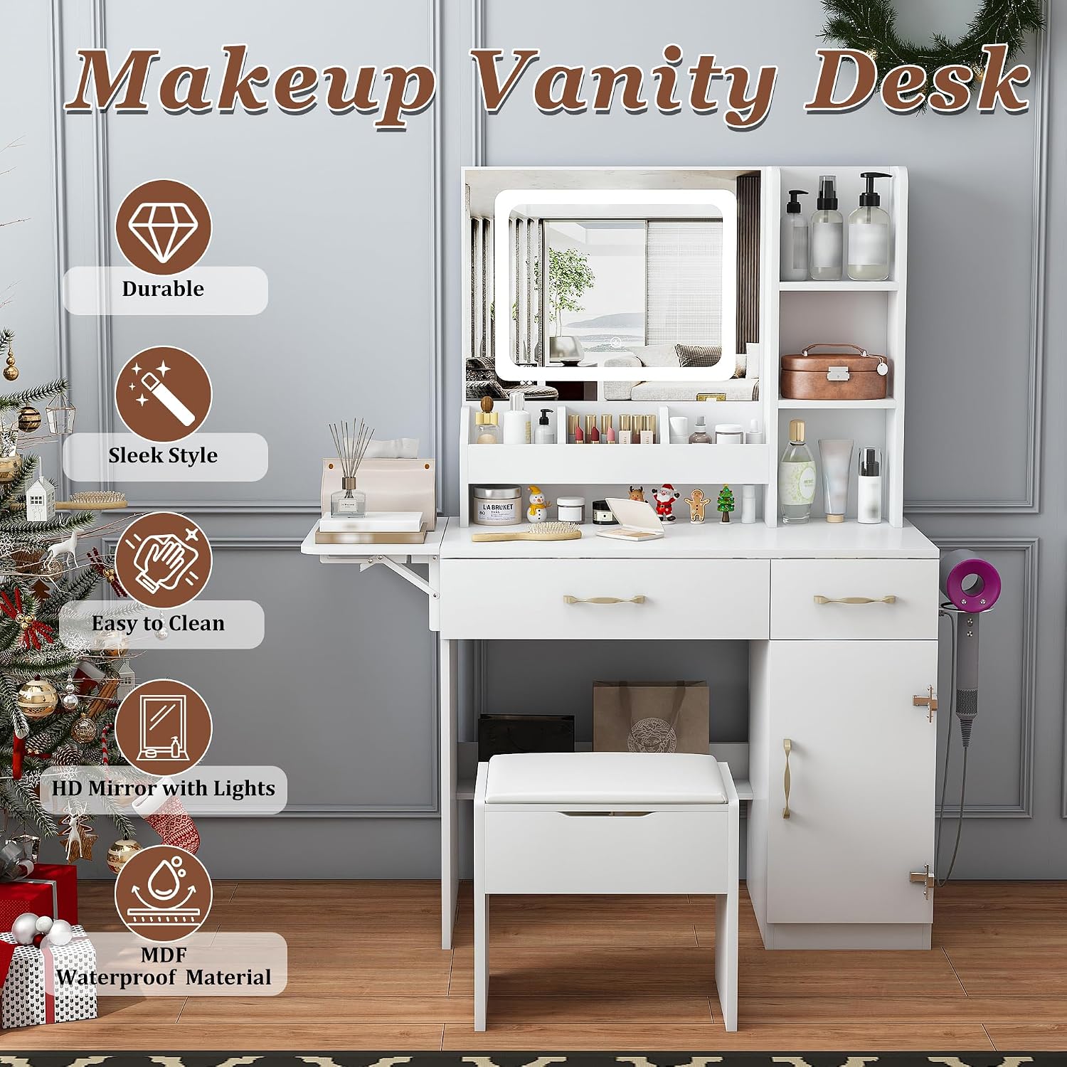 LEDミラーライトと電源コンセント付きのドレッサーテーブル。 - Dressing Table Vanity With Lighted Mirror のレビューと価格