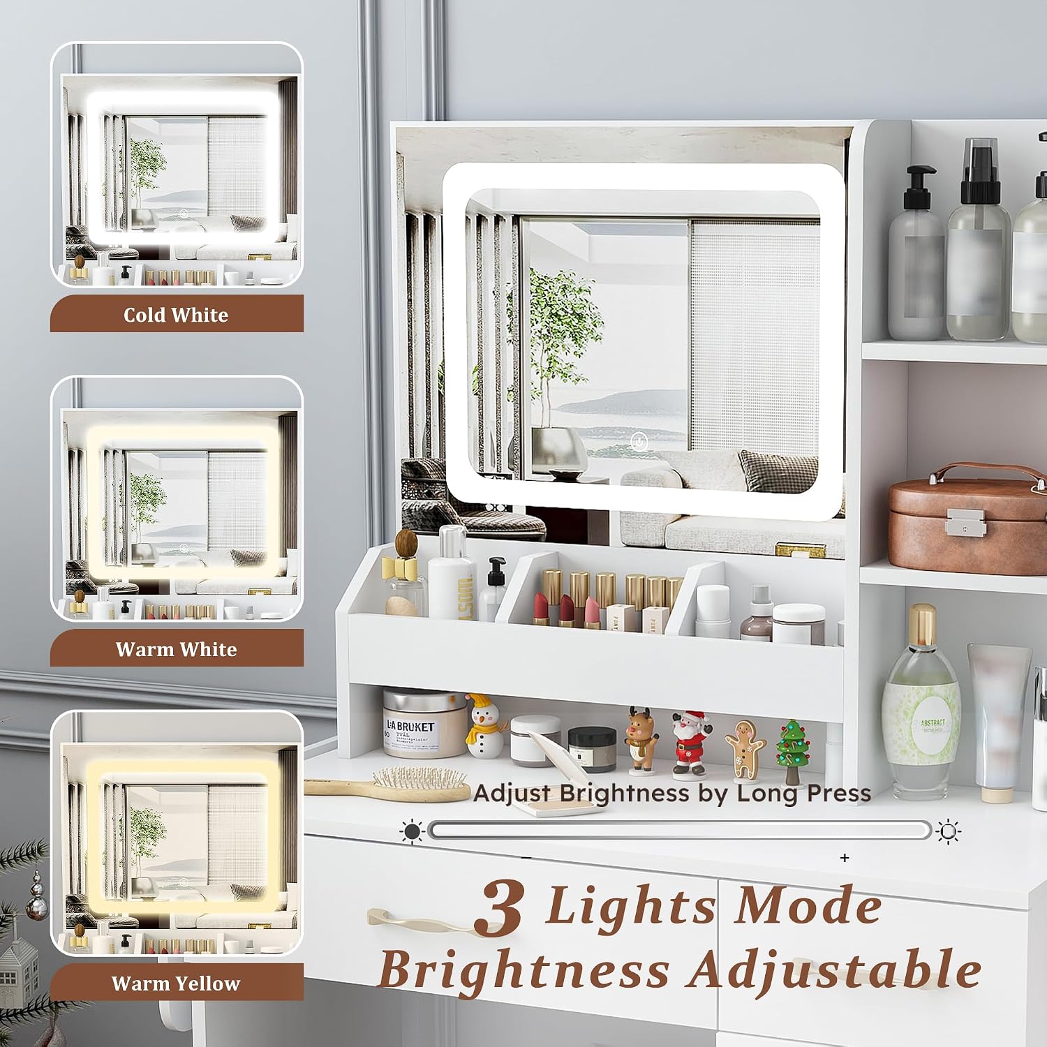 LEDミラーライトと電源コンセント付きのドレッサーテーブル。 - Dressing Table Vanity With Lighted Mirror のレビューと価格