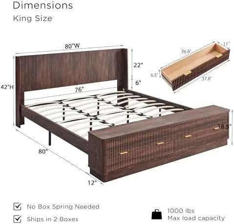翼状ヘッドボード付きの溝付きキングサイズベッドフレーム、引き - King Size Bed Frame With Storage Drawers のレビューと価格