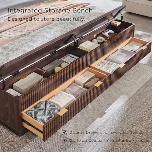 翼状ヘッドボード付きの溝付きキングサイズベッドフレーム、引き - King Size Bed Frame With Storage Drawers のレビューと価格
