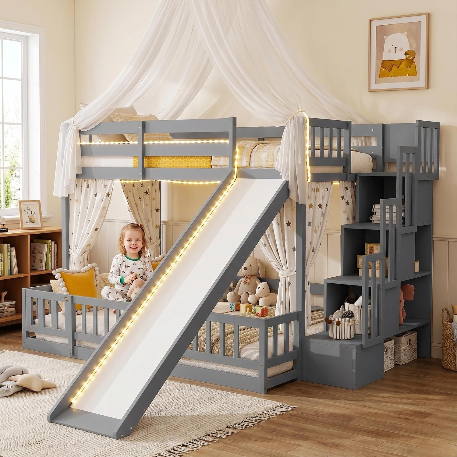 スライドと階段付きのツインオーバーフル二段ベッド。子供用の低 - Bunk Bed With Stairs And Slide のレビューと価格