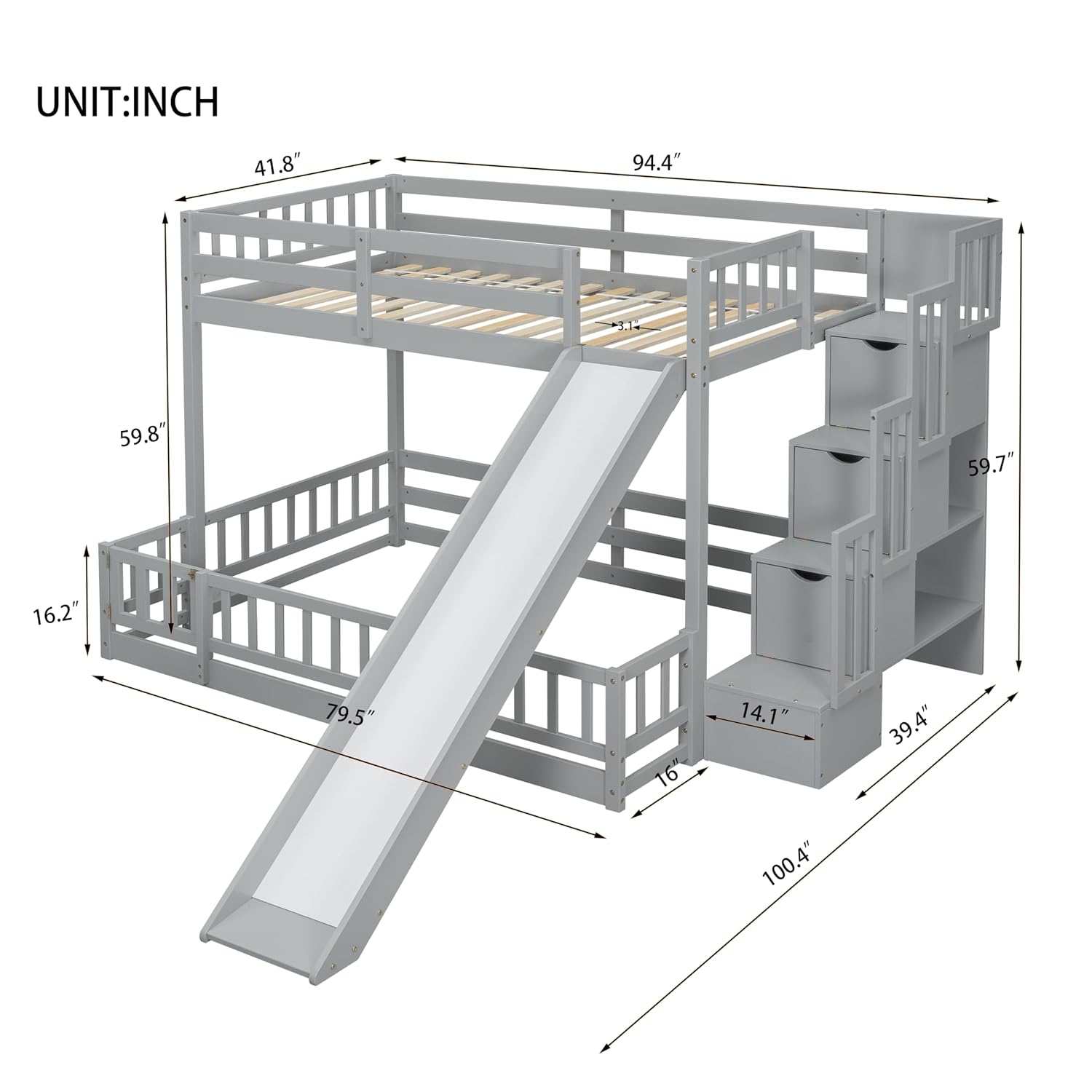 スライドと階段付きのツインオーバーフル二段ベッド。子供用の低 - Bunk Bed With Stairs And Slide のレビューと価格